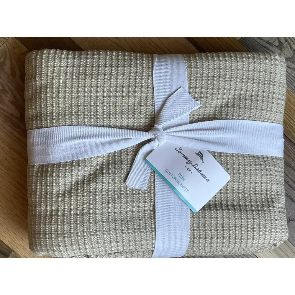 Tommy Bahama Home Bamboo Woven Jute Twin Cotton Blanket Beige NWT